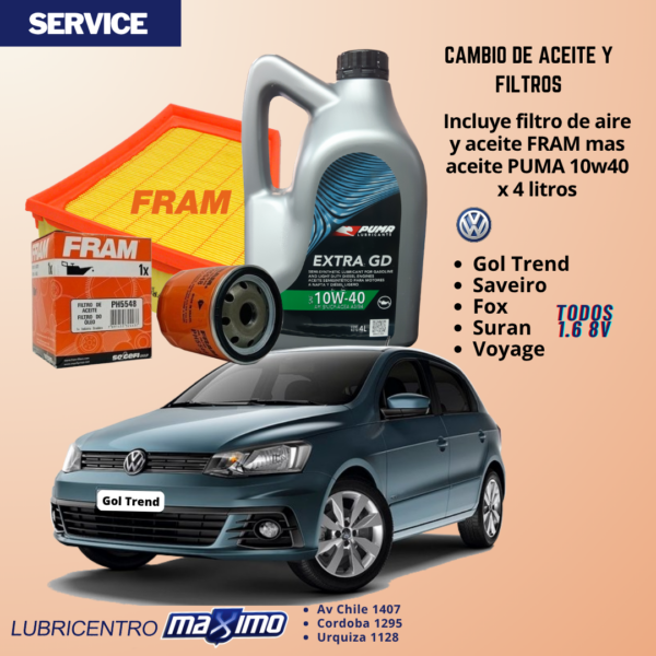 VW GOL TREND – SAVEIRO- FOX – SURAN – VOYAGE – cambio aceite Puma envasado y filtros Fram
