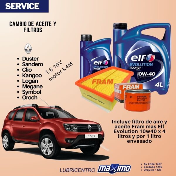 DUSTER, SANDERO, CLIO, KANGOO-LOGAN-MEGANE-SYMBOL-OROCH … cambio aceite ELF envasado y filtros Fram