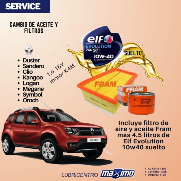 DUSTER, SANDERO, CLIO, KANGOO-LOGAN-MEGANE-SYMBOL-OROCH … cambio aceite ELF suelto y filtros Fram