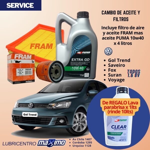VW GOL TREND – SAVEIRO- FOX – SURAN – VOYAGE – cambio aceite Puma envasado y filtros Fram