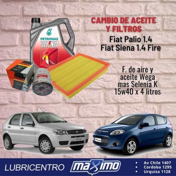 FIAT PALIO 1.4 , SIENA FIRE 1.4, FIORINO 1.4… Cambio de aceite Selenia env y filtros Wega