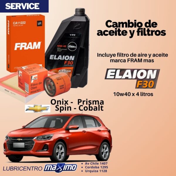 CHEVROLET ONIX-PRISMA-SPIN-COBALT – cambio aceite Elaion F30 y filtros fram
