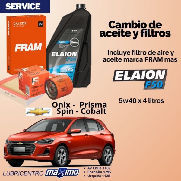CHEVROLET ONIX-PRISMA-SPIN-COBALT – cambio aceite Elaion F50 y filtros originales