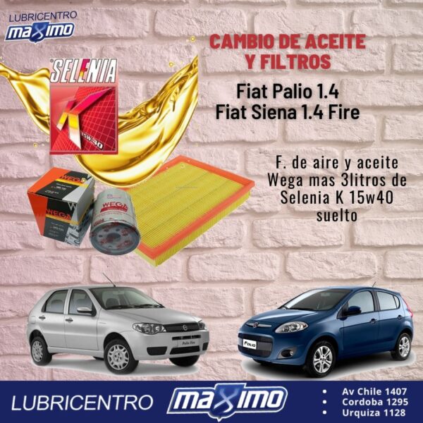 FIAT PALIO 1.4 , SIENA FIRE 1.4, FIORINO 1.4… Cambio de aceite Selenia suelto y filtros Wega