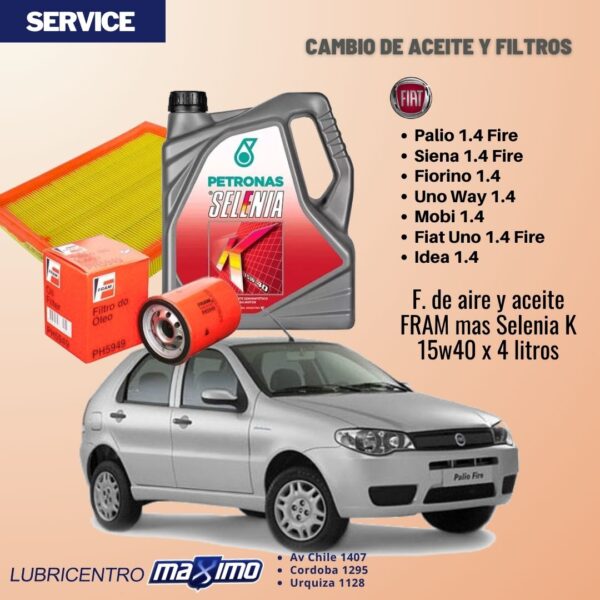 FIAT PALIO 1.4 , SIENA FIRE 1.4, FIORINO 1.4… Cambio de aceite Selenia envasado y filtros Fram